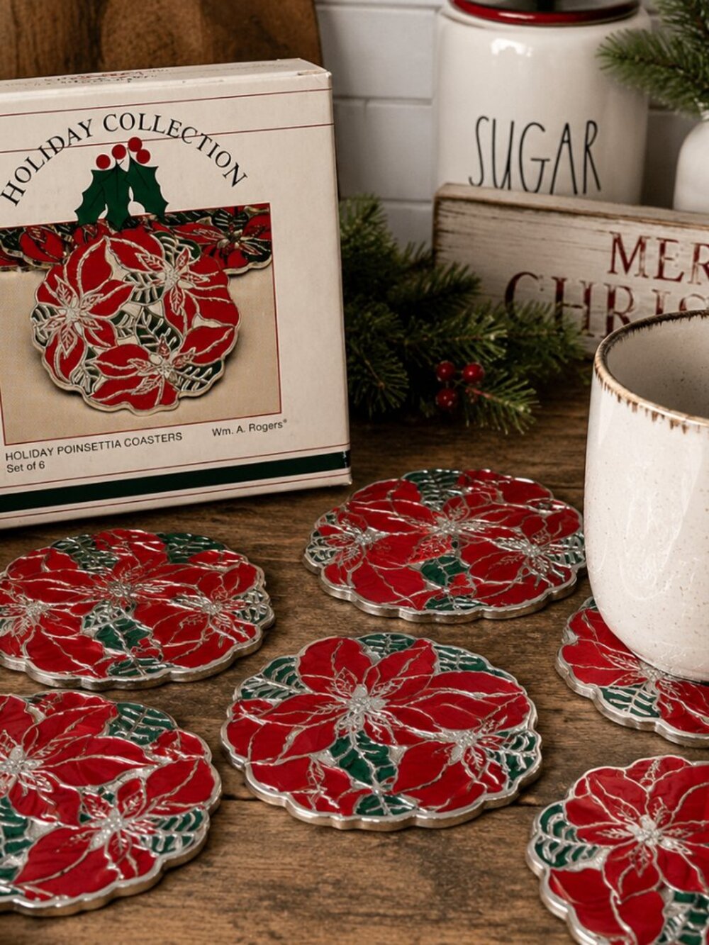 Vintage 1988 Wm. A. Rogers Holiday Poinsettia Coasters Set of 6 w/ Box